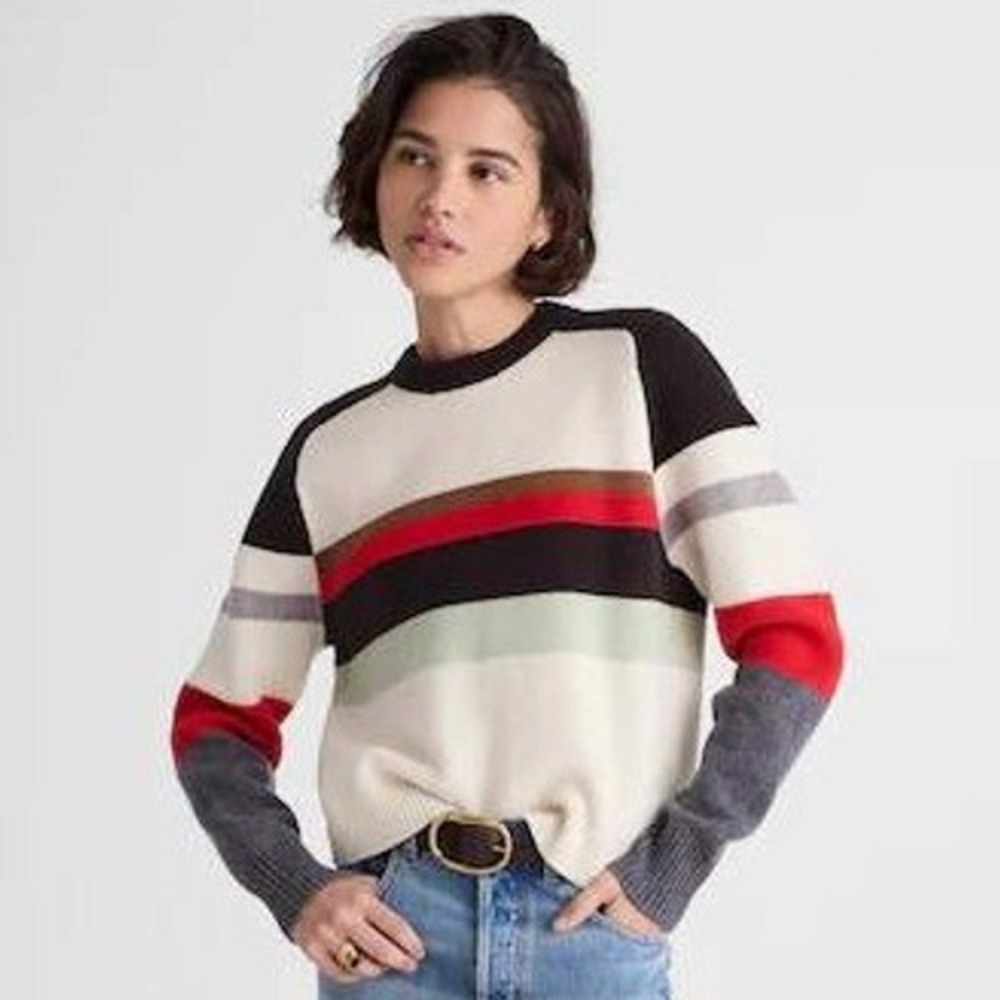 Madewell Womens Colorblock Merino Wool Sweater M Multi Stripe Raglan Crew Retro